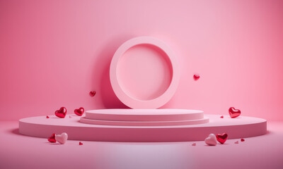 pink podium with circular backdrop is surrounded by small red and white hearts, creating romantic and festive atmosphere. scene is perfect for Valentine Day celebrations or love themed events