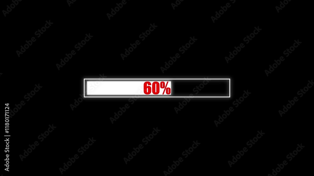 Poster loading bar with downloading progress animation, transferring from 0 to 100 on black background. a s