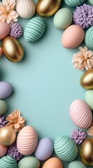 Abstract Easter background with pastel waves of lavender mint and peach surrounding a cluster of...