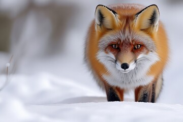Fototapeta premium Close-up shot of a red fox in snowy surroundings, ideal for winter-themed designs and projects