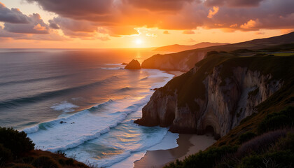 Sunset over ocean cliffs with waves crashing