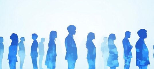 A blue digital collage of business people standing in rows, each person representing different team members and office roles. The background is white with subtle lighting effects