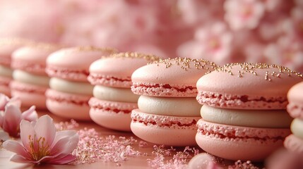 Pink Macarons with a Touch of Gold: Delicate pink macarons adorned with edible gold glitter, nestled amongst delicate pink cherry blossoms, create a scene of refined elegance and sweet indulgence. 