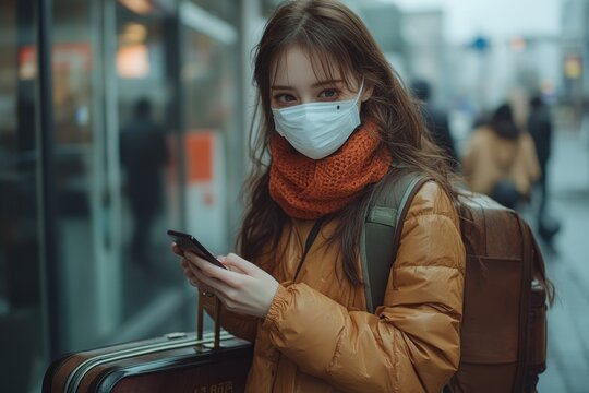 A woman wearing a face mask looks at her phone, possibly checking social media or responding to messages