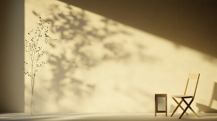   A chair and table are placed in front of a wall, casting a shadow of a nearby plant