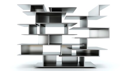 A tall, silver shelf with many shelves stacked on top of each other