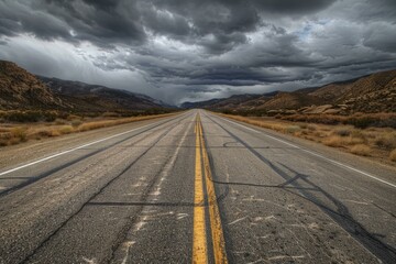 Long empty desert road vanishing into dramatic storm clouds in a mountainous landscape