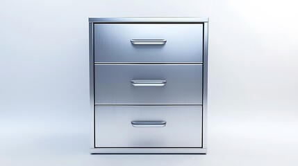 A silver metal cabinet with three drawers
