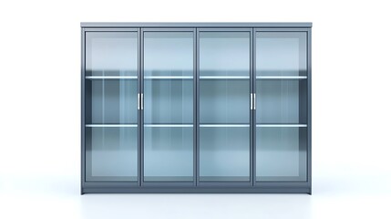 A large glass cabinet with four doors and four shelves