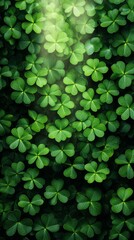 Dynamic St Patricks Day abstract with golden coin bursts radiating over a green misty gradient filled with soft clover patterns 