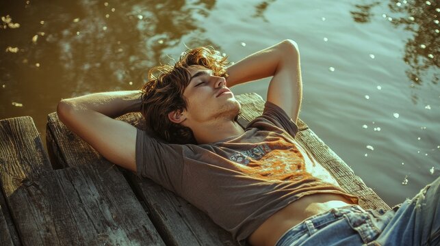 Young man relaxing on a wooden pier by the water in summer sunlight