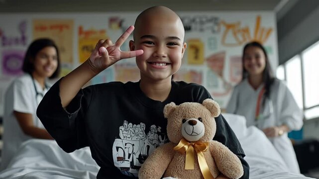 9 years old bald cancer girl makes victory sign with one hand while holding a teddy bear at hospital 