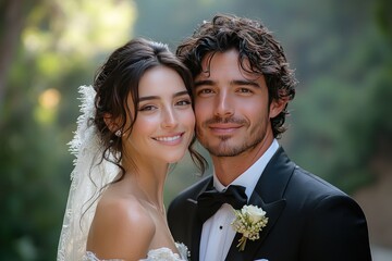 A joyful wedding couple poses together in a serene outdoor setting.
