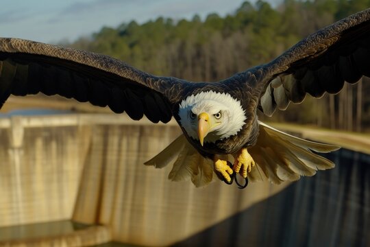 A bald eagle soaring above a dam surrounded by trees, great for outdoor or nature-themed projects