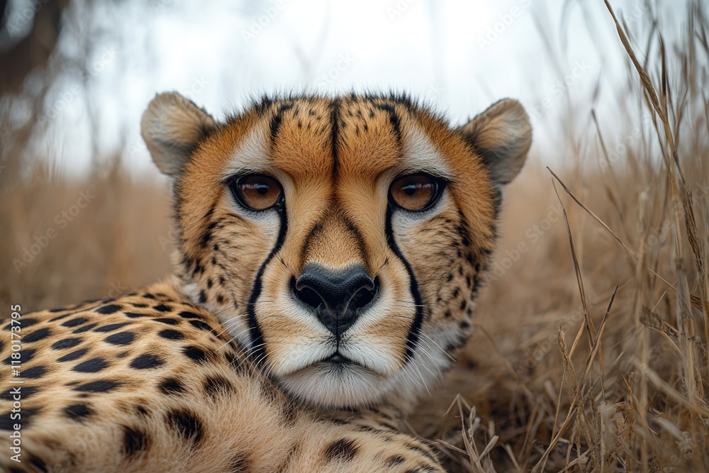 Poster A close-up view of a cheetah resting in tall grass, highlighting its unique features