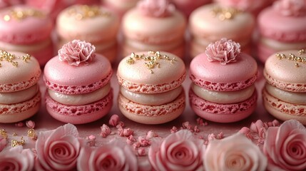 Delectable Rose Macarons: A delightful close-up shot showcasing rows of elegant pink and beige macarons, adorned with delicate sugar flowers and gold accents.  The image evokes feelings of sweetness.