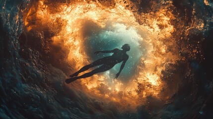 Surreal image of person diving into swirling galaxy symbolizing sleep