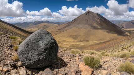 Mountain vista, large rock, valley, sunny day, landscape photography.
