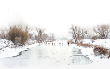 A Scenic Frozen River with Ice Skaters Enjoying the Winter Day Isolated on Transparent Background PNG