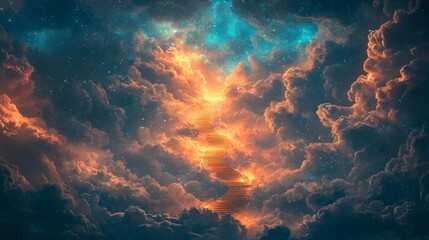 Staircase to dreamy cloudscape illustrating sleep transition