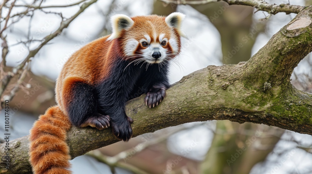 Poster a red panda sits peacefully on top of a tree branch, enjoying the view
