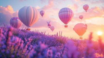 Fototapeta premium Hot Air Balloons Soaring Over Lavender Fields at Sunrise