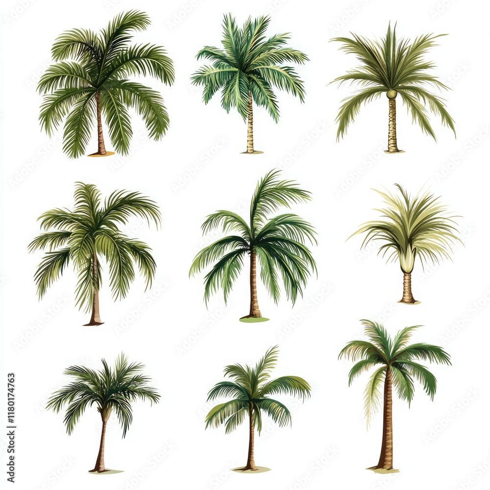 Poster a collection of palm trees against a pure white background