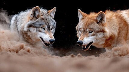 Two wolves running in the sand with their mouths open