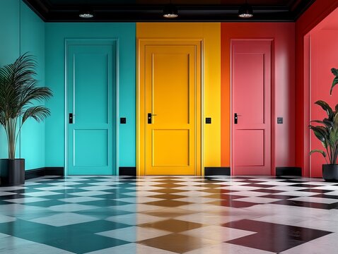 A brightly colored hallway with three doors and a plant in a pot