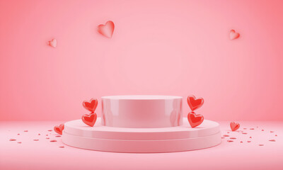 pink podium with floating red hearts creates romantic and dreamy atmosphere, perfect for Valentine Day celebrations or love themed events. soft pink background enhances affectionate mood