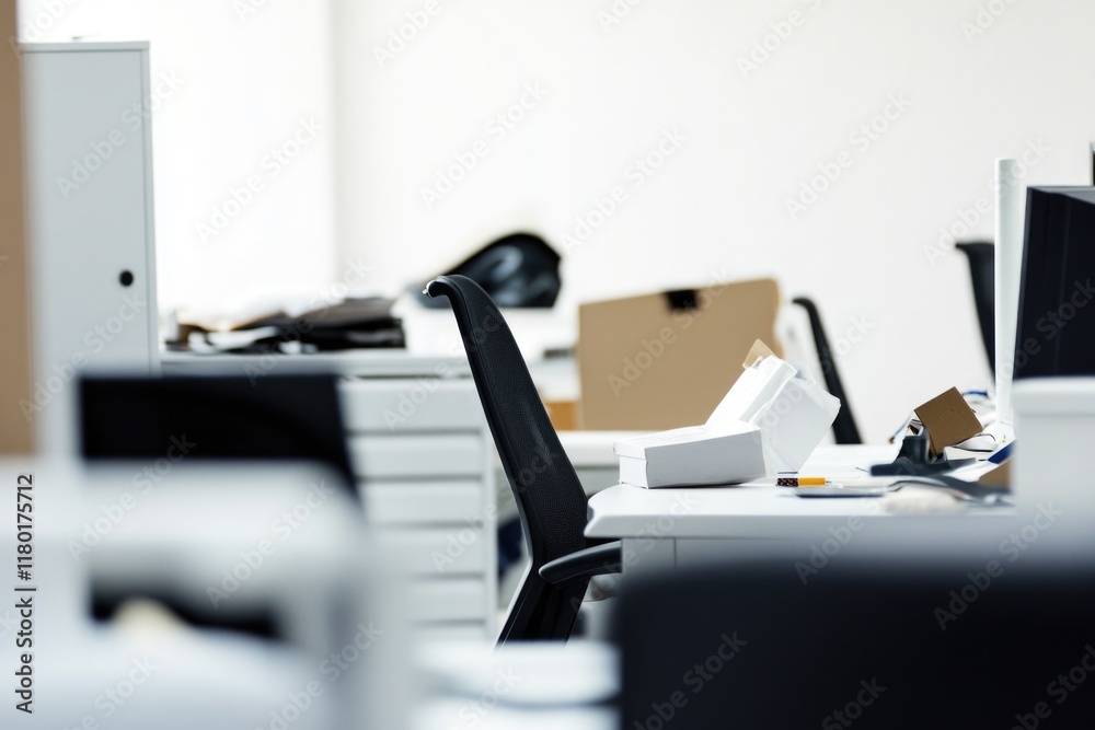 Poster a typical office setting with a desk, chair, and computer monitor