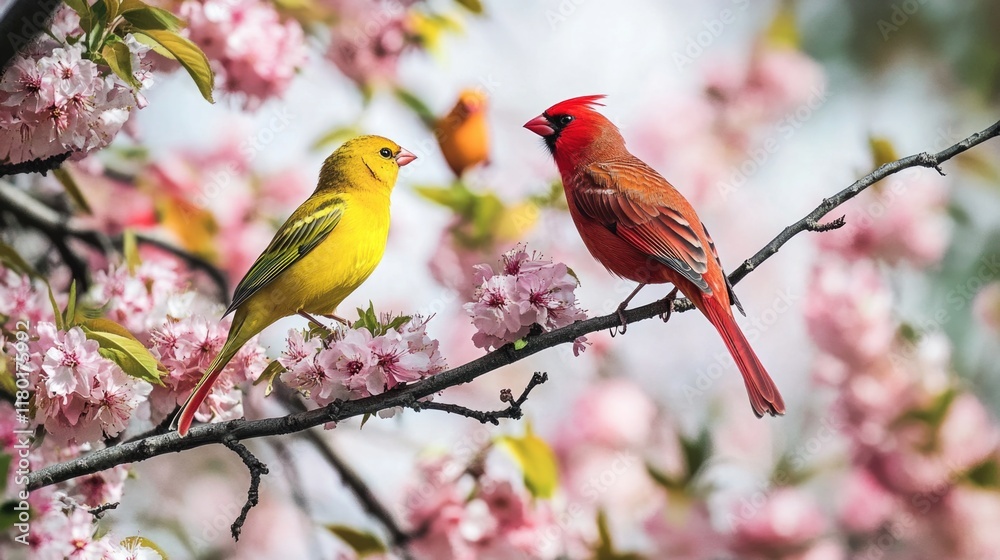 Poster a pair of birds perched on a tree branch, looking around