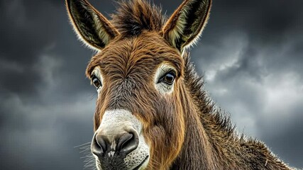 Close-up of a donkey against a dramatic sky showcasing its features and expression - Powered by Adobe