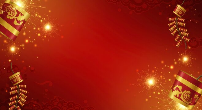 Chinese New Year Firecrackers: A radiant red background with golden firecrackers, sparking with joy and anticipation for the new year. This festive design is perfect for greeting cards, invitations.