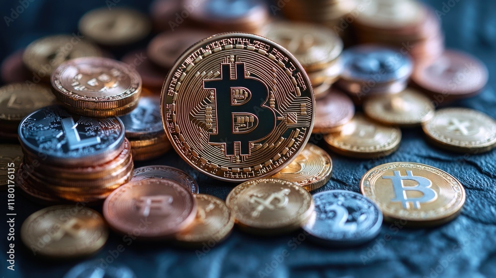 Aufkleber a stack of bitcoin digital currencies sitting on top of a pile of physical coins, representing the i