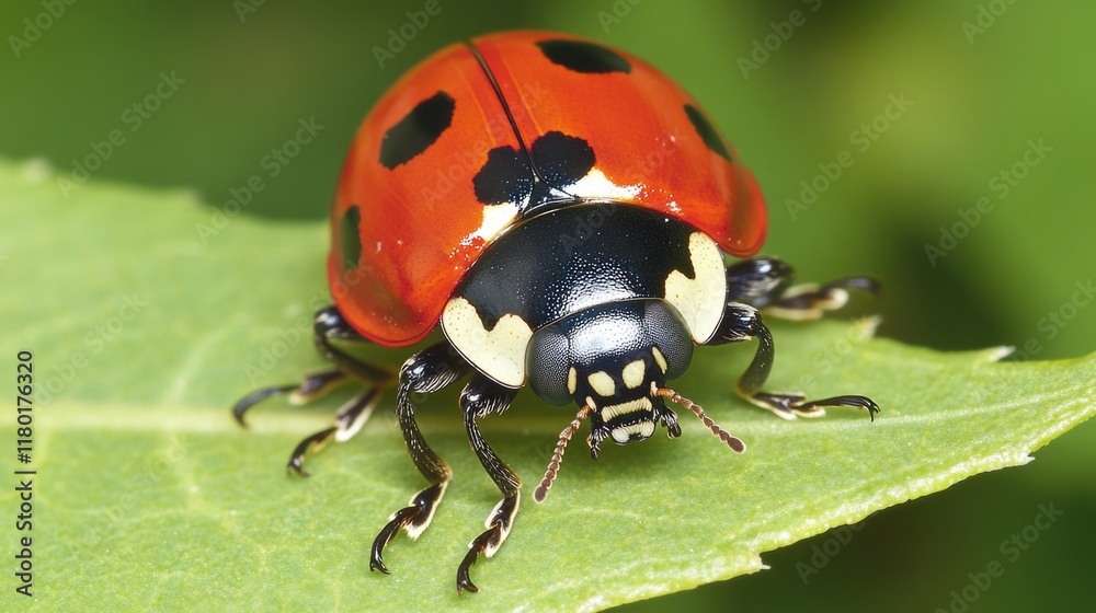 Poster a ladybug sits on top of a leaf, offering a close-up look at its tiny details