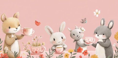 Obraz premium Adorable Animals Enjoying Afternoon Tea Party Together