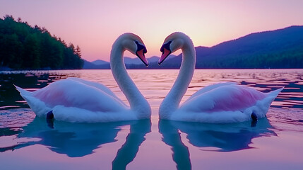 Naklejka premium Two elegant swans gracefully face each other on a tranquil lake at sunset, creating a serene and romantic atmosphere.