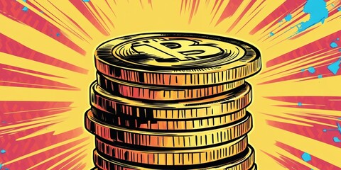 A bold pop-art style illustration of a golden Bitcoin coin stack with vibrant rays and splashes, symbolizing financial success and cryptocurrency growth