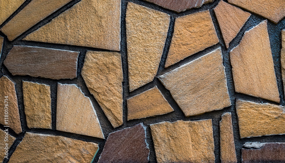 Poster intricate natural stone wall pattern with irregular shapes and black grout lines, ideal for architectural backgrounds or texture design


