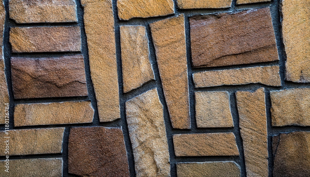 Aufkleber intricate natural stone wall pattern with irregular shapes and black grout lines, ideal for architec