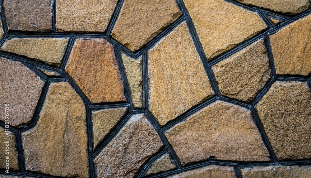 Poster intricate natural stone wall pattern with irregular shapes and black grout lines, ideal for architectural backgrounds or texture design

