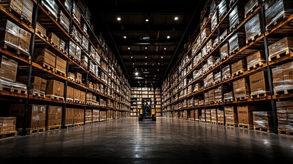 Fototapeta premium A spacious warehouse filled with neatly stacked boxes and a forklift in the center.