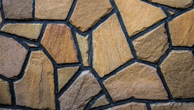 intricate natural stone wall pattern with irregular shapes and black grout lines, ideal for architectural backgrounds or texture design

