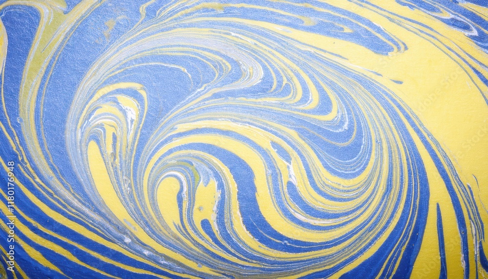 Poster dynamic abstract swirl of blue and yellow marble texture with fluid movement, perfect for modern bac