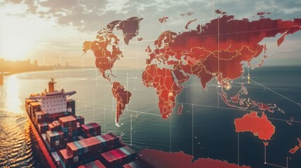Cargo ship on digital global network background symbolizing global trade and shipping logistics