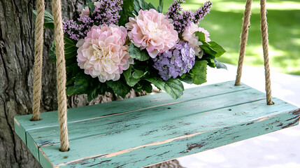 A rustic swing adorned with vibrant flowers, set against a lush green backdrop, evokes a serene, inviting atmosphere perfect for relaxation.