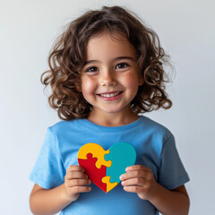 Little girl with blue t-shirt, holding a puzzle of heart, for world autism day.