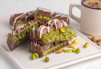 Trend chocolate; Dubai chocolate is made with pistachio paste and kadayif.