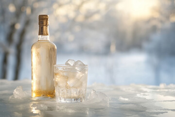 Obraz premium A bottle of vodka sits beside a glass filled with ice cubes on a frozen surface. Soft sunlight filters through the background, creating a tranquil winter atmosphere